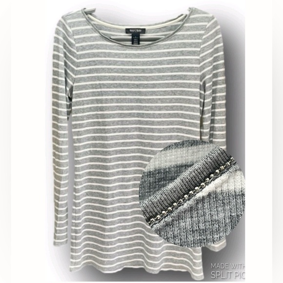White House Black Market Tops - White House Black Market Ribbed Gray & White Steiped Top with bling trim